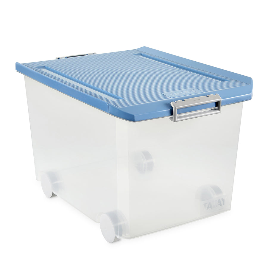 TATAY - Caja de Ordenación Multiusos de 60L Reforzada, Apilable y con Ruedas. Azul Paloma