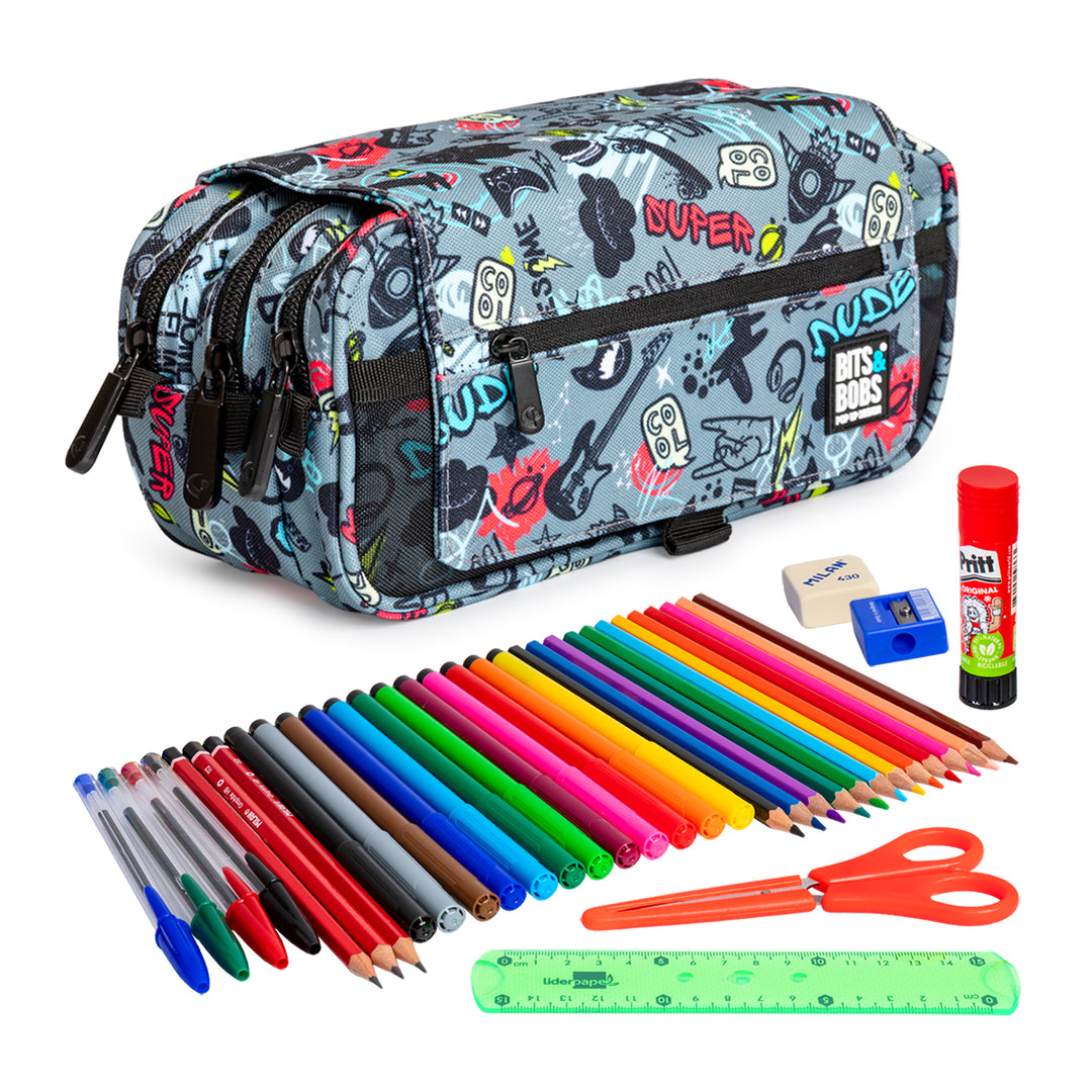ColePack EcoDes - Estuche Triple de 3 Cremalleras con Material Escolar Incluido. Awesome