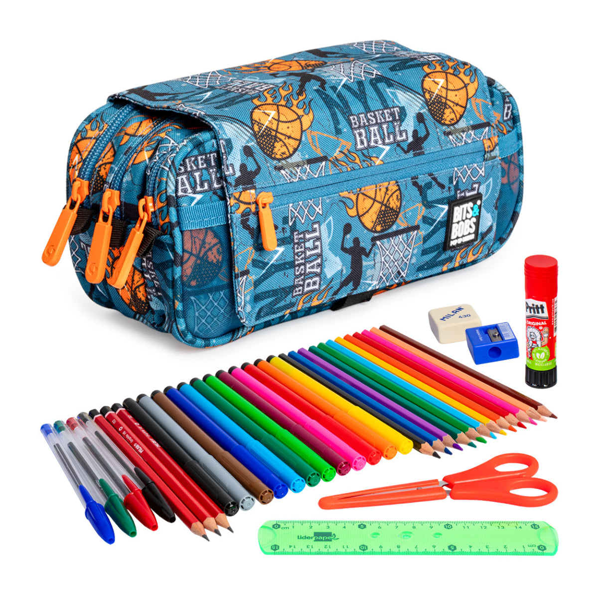 ColePack EcoDes - Estuche Triple de 3 Cremalleras con Material Escolar Incluido. Basketball