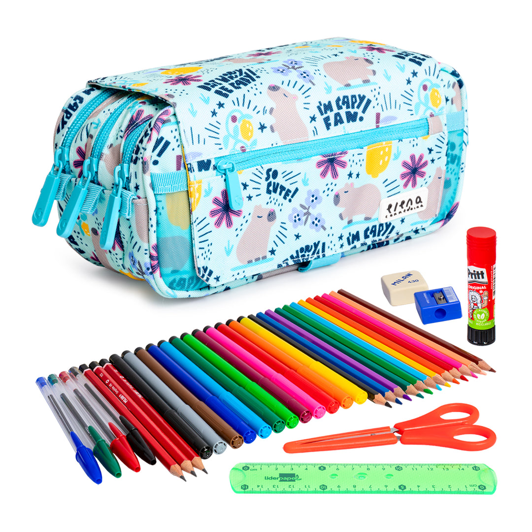 ColePack EcoDes - Estuche Triple de 3 Cremalleras con Material Escolar Incluido. Cheerful