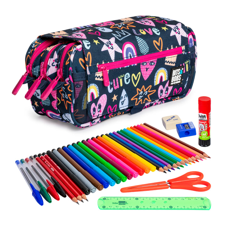 ColePack EcoDes - Estuche Triple de 3 Cremalleras con Material Escolar Incluido. Cute
