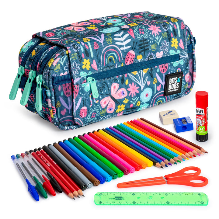 ColePack EcoDes - Estuche Triple de 3 Cremalleras con Material Escolar Incluido. Botanic