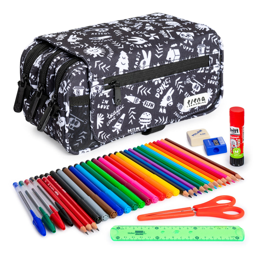 ColePack EcoDes - Estuche Triple de 3 Cremalleras con Material Escolar Incluido. EC Elements