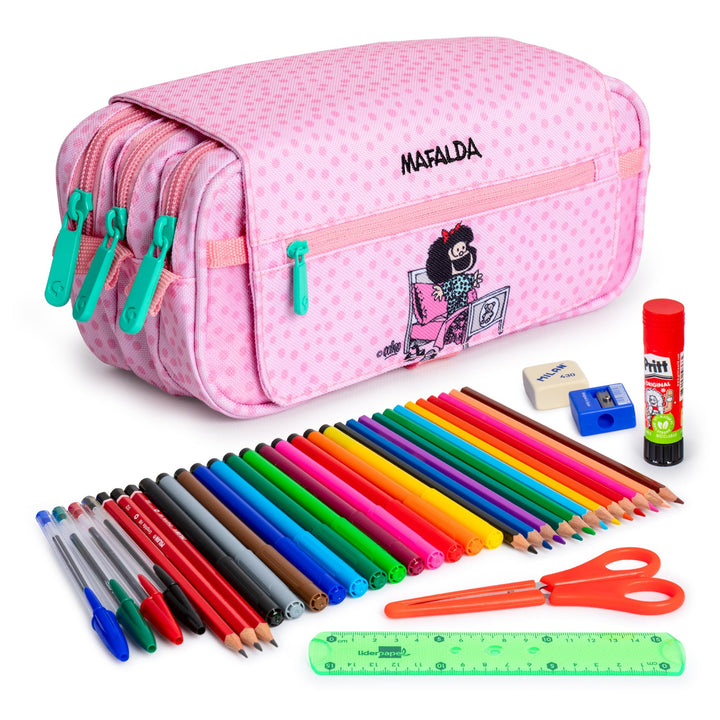 ColePack EcoDes - Estuche Triple de 3 Cremalleras con Material Escolar Incluido. Mafalda Morning