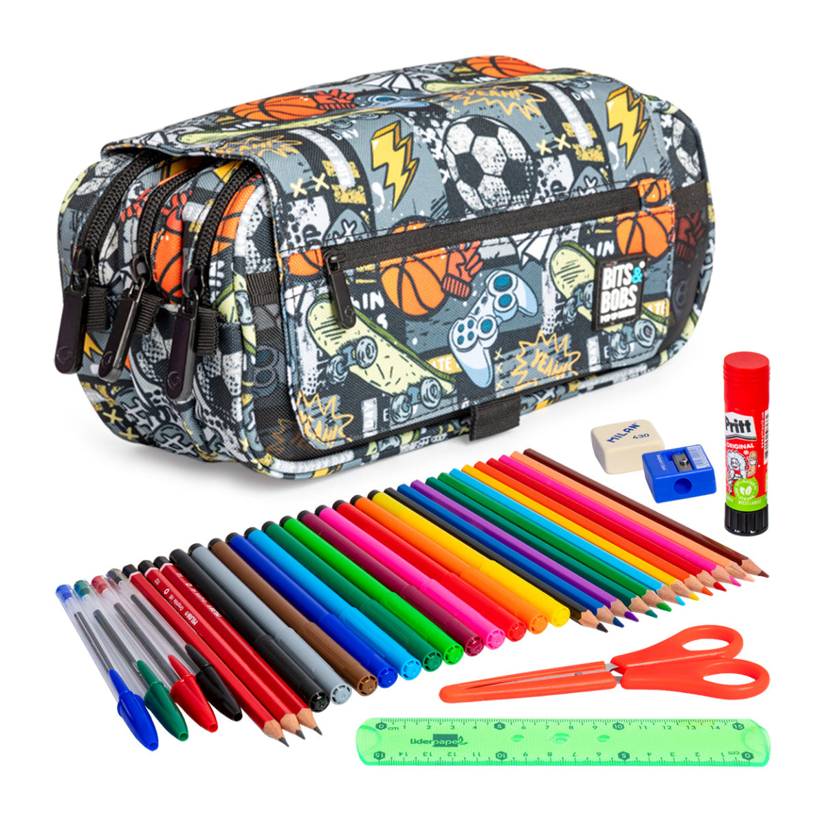 ColePack EcoDes - Estuche Triple de 3 Cremalleras con Material Escolar Incluido. Free Sport