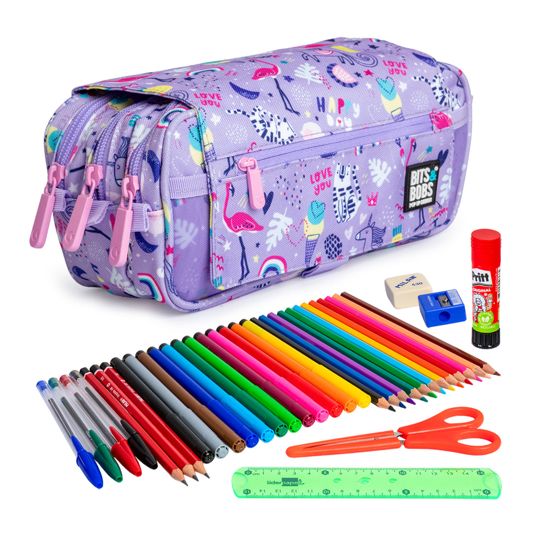 ColePack EcoDes - Estuche Triple de 3 Cremalleras con Material Escolar Incluido. Happy