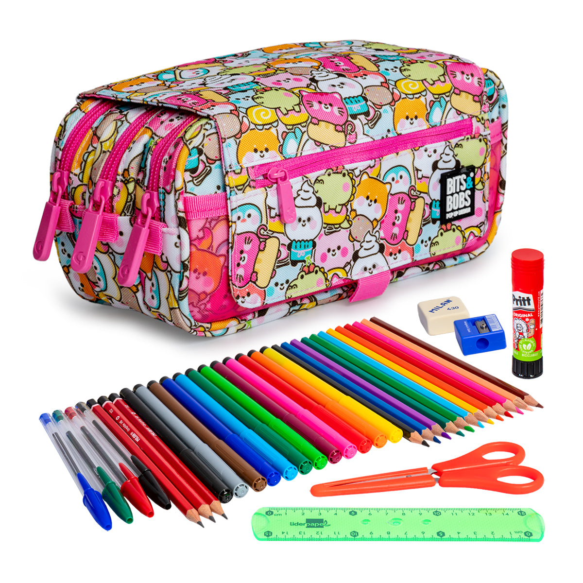 ColePack EcoDes - Estuche Triple de 3 Cremalleras con Material Escolar Incluido. Kawaii