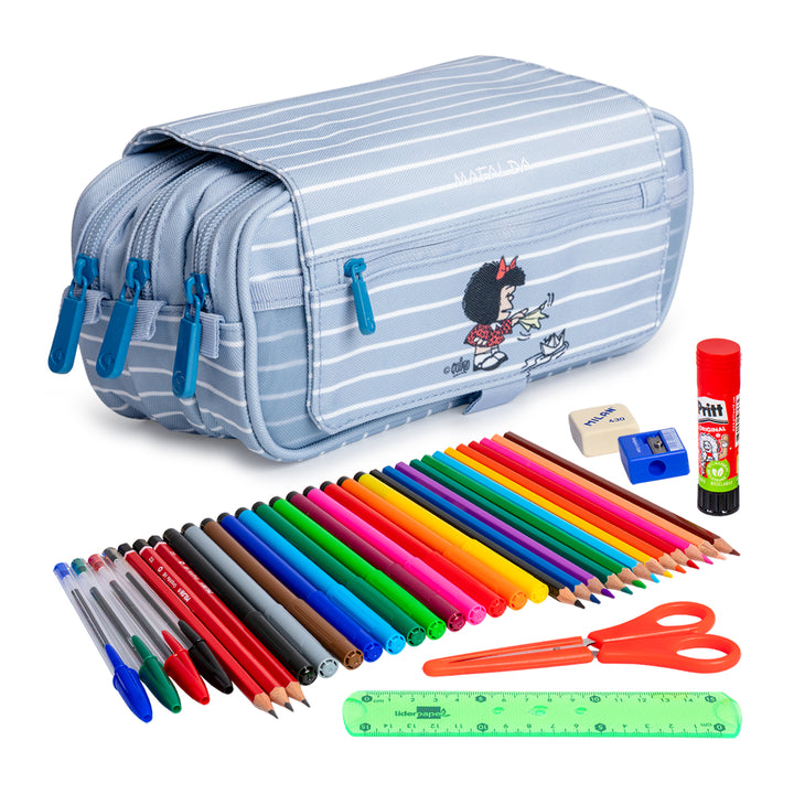 ColePack EcoDes - Estuche Triple de 3 Cremalleras con Material Escolar Incluido. Mafalda Boat
