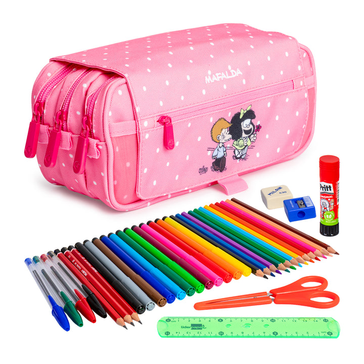 ColePack EcoDes - Estuche Triple de 3 Cremalleras con Material Escolar Incluido. Mafalda Friends
