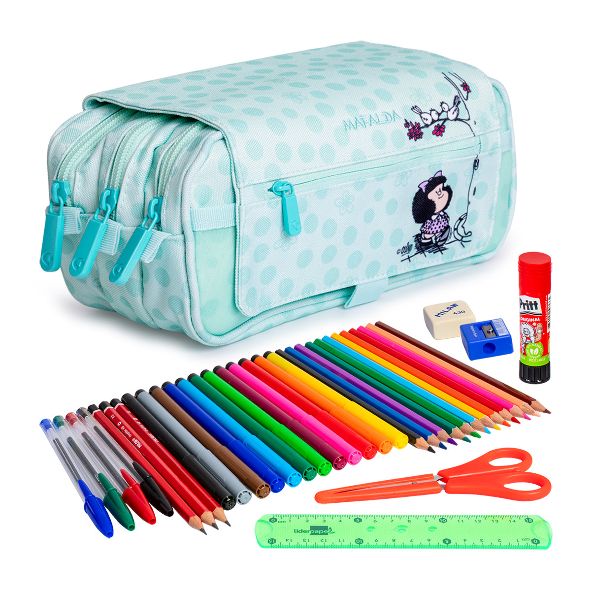 ColePack EcoDes - Estuche Triple de 3 Cremalleras con Material Escolar Incluido. Mafalda Kiss