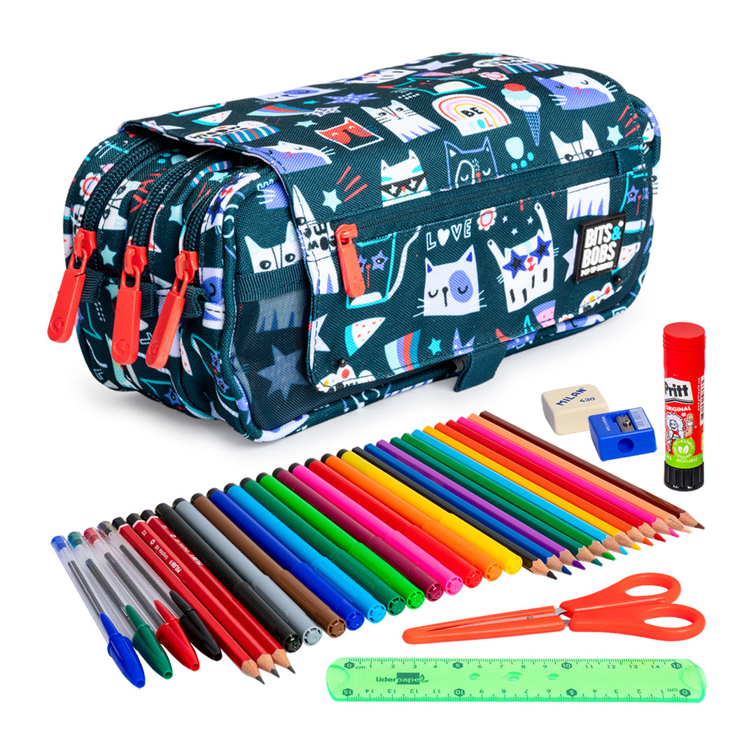 ColePack EcoDes - Estuche Triple de 3 Cremalleras con Material Escolar Incluido. Miau
