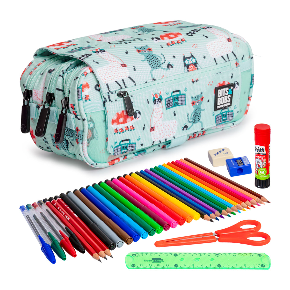 ColePack EcoDes - Estuche Triple de 3 Cremalleras con Material Escolar Incluido. Party