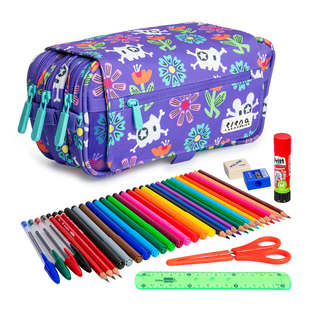 ColePack EcoDes - Estuche Triple de 3 Cremalleras con Material Escolar Incluido. Pirate