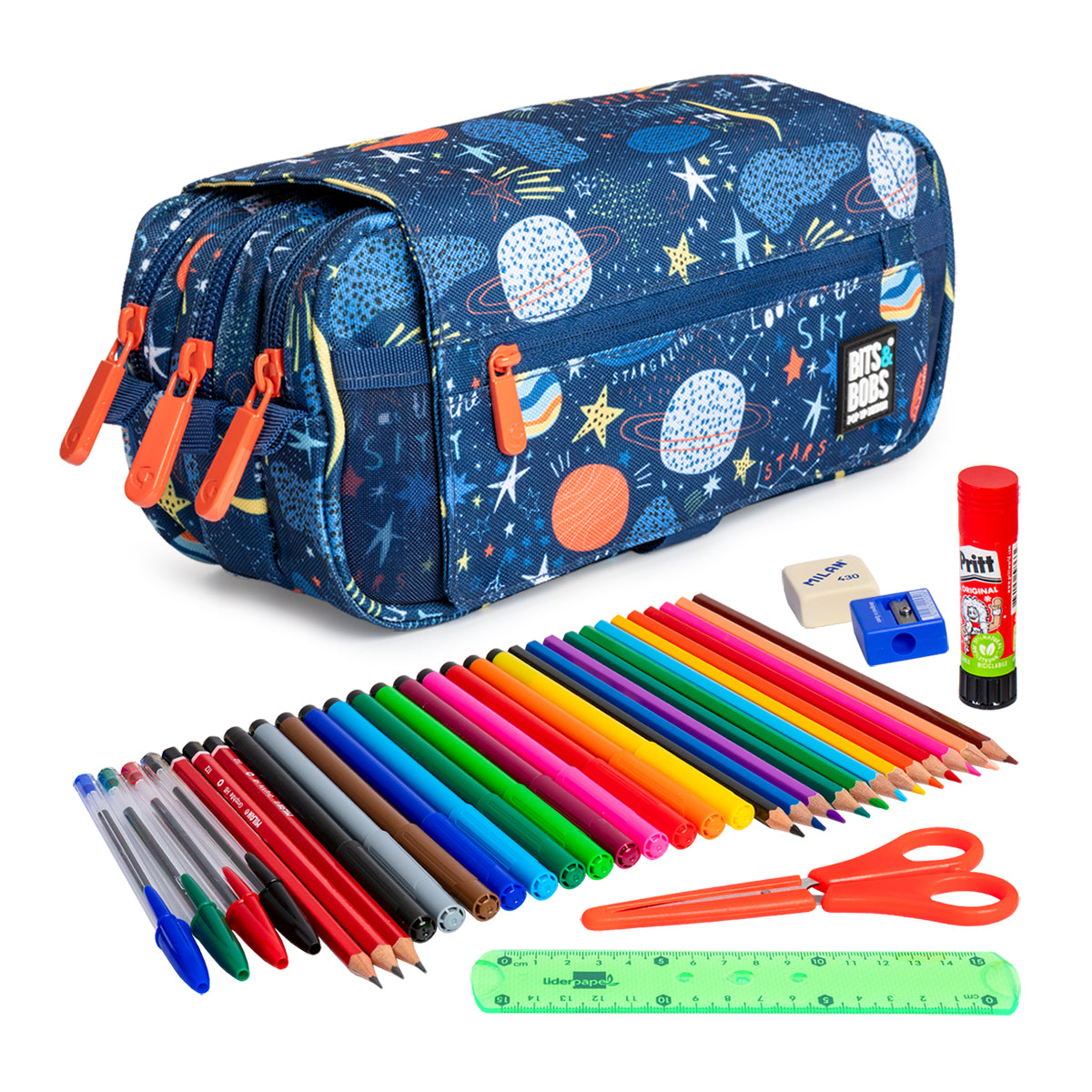 ColePack EcoDes - Estuche Triple de 3 Cremalleras con Material Escolar Incluido. Planets