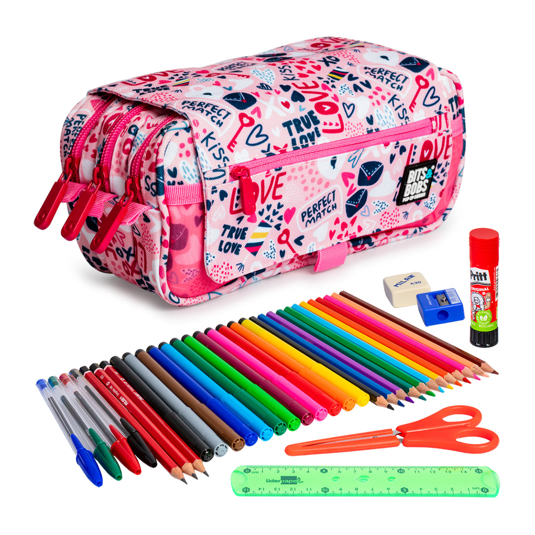 ColePack EcoDes - Estuche Triple de 3 Cremalleras con Material Escolar Incluido. True Love
