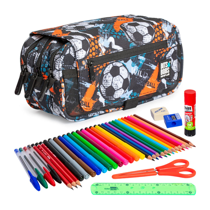 ColePack EcoDes - Estuche Triple de 3 Cremalleras con Material Escolar Incluido. Wild FootBall