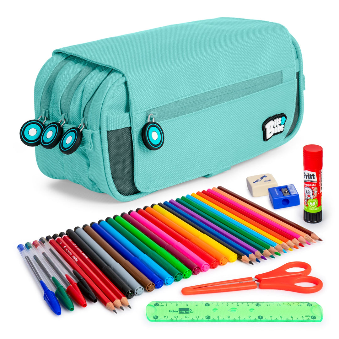 ColePack EcoBB - Estuche Triple de 3 Cremalleras con Material Escolar Incluido. Azul Claro