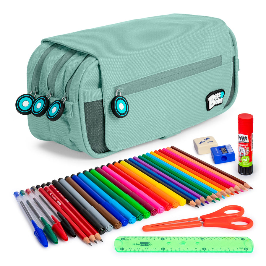 ColePack EcoBB - Estuche Triple de 3 Cremalleras con Material Escolar Incluido. Azul Soft