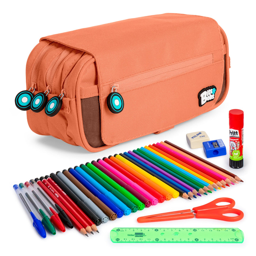 ColePack EcoBB - Estuche Triple de 3 Cremalleras con Material Escolar Incluido. Coral