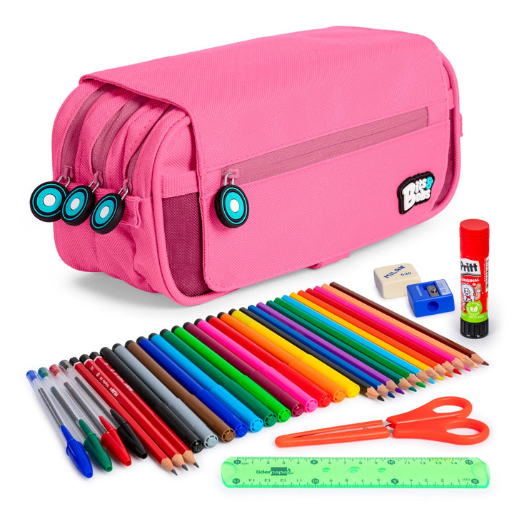 ColePack EcoBB - Estuche Triple de 3 Cremalleras con Material Escolar Incluido. Rosa