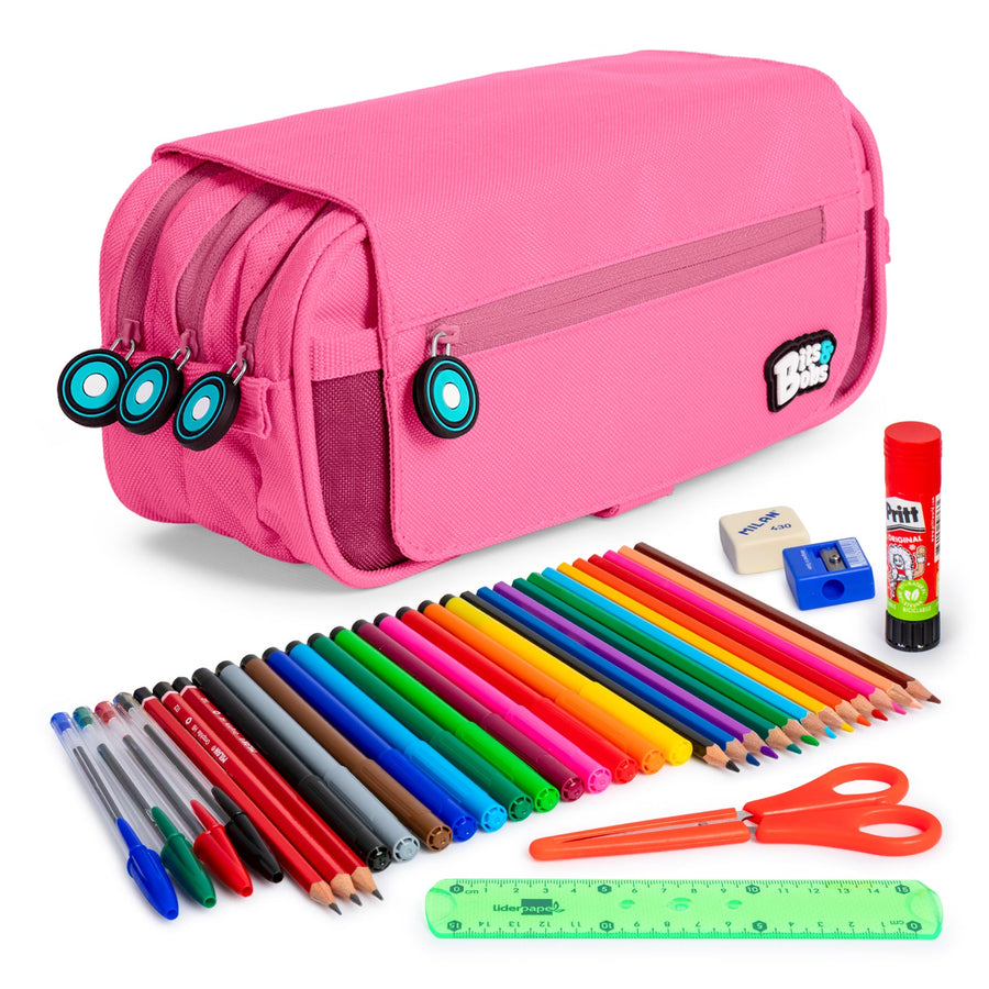 ColePack EcoBB - Estuche Triple de 3 Cremalleras con Material Escolar Incluido. Rosa