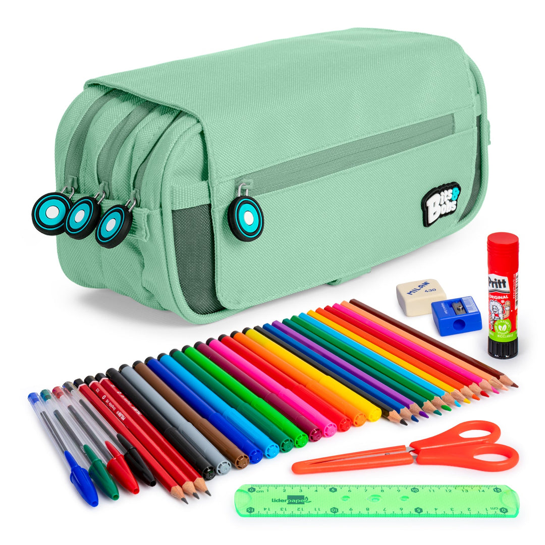 ColePack EcoBB - Estuche Triple de 3 Cremalleras con Material Escolar Incluido. Mint Soft