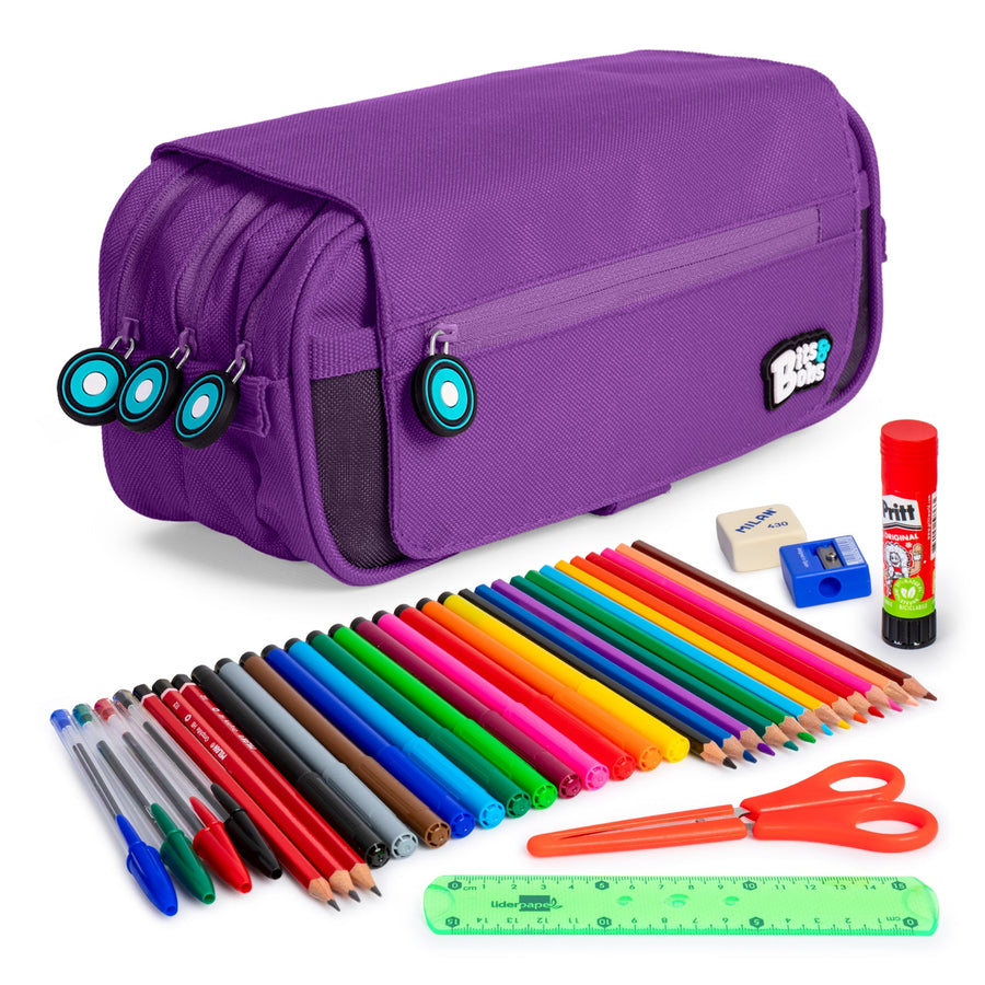 ColePack EcoBB - Estuche Triple de 3 Cremalleras con Material Escolar Incluido. Violeta