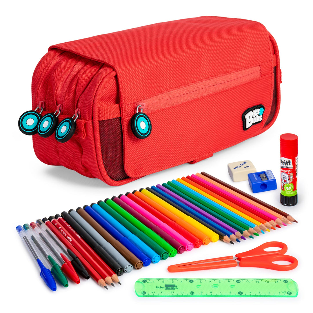 ColePack EcoBB - Estuche Triple de 3 Cremalleras con Material Escolar Incluido. Rojo