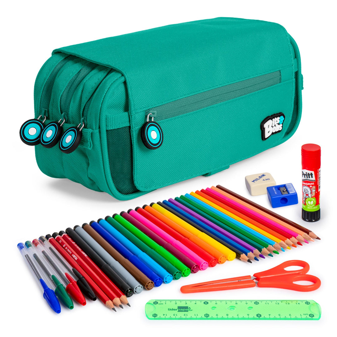 ColePack EcoBB - Estuche Triple de 3 Cremalleras con Material Escolar Incluido. Turquesa