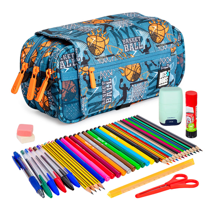 ColePack Design - Estuche Triple de 3 Cremalleras con Material Escolar Incluido. Basketball