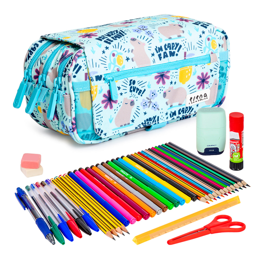 ColePack Design - Estuche Triple de 3 Cremalleras con Material Escolar Incluido. Cheerful