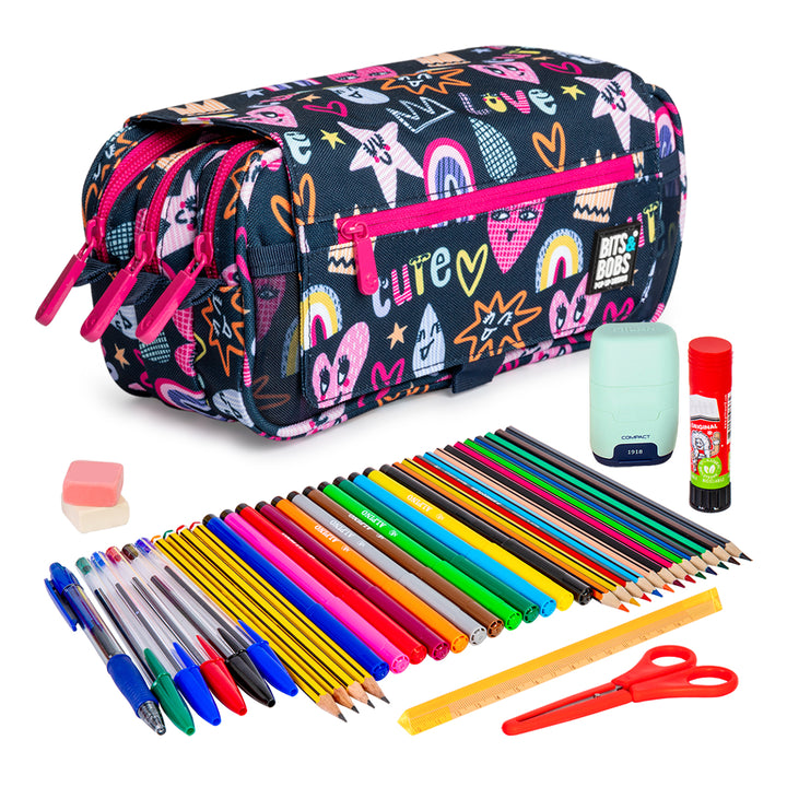 ColePack Design - Estuche Triple de 3 Cremalleras con Material Escolar Incluido. Cute