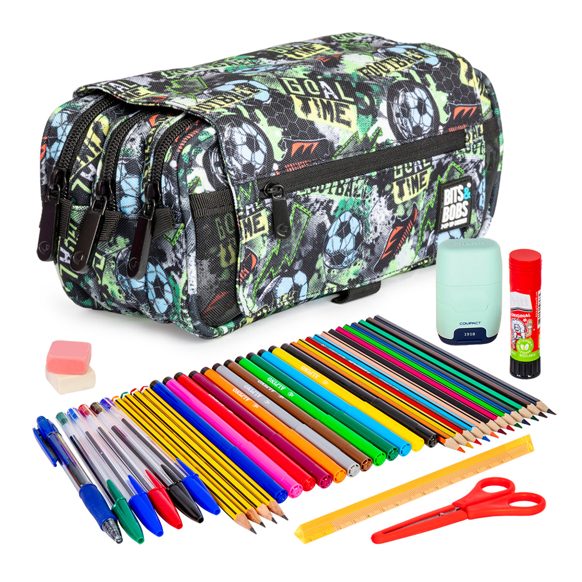 ColePack Design - Estuche Triple de 3 Cremalleras con Material Escolar Incluido. Goal Time