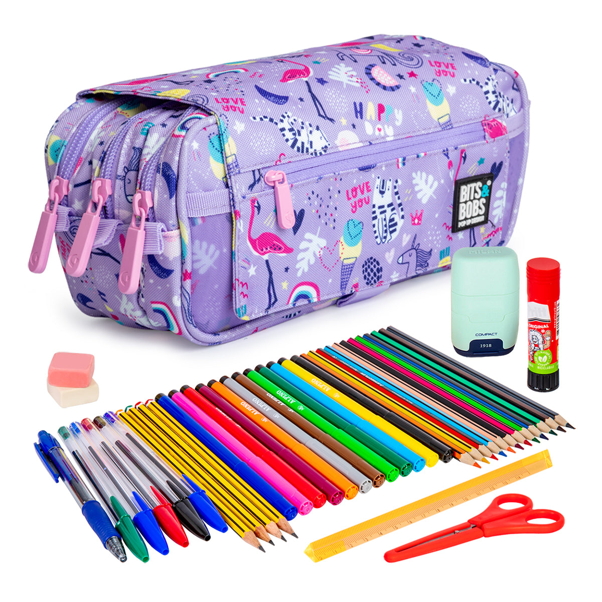 ColePack Design - Estuche Triple de 3 Cremalleras con Material Escolar Incluido. Happy