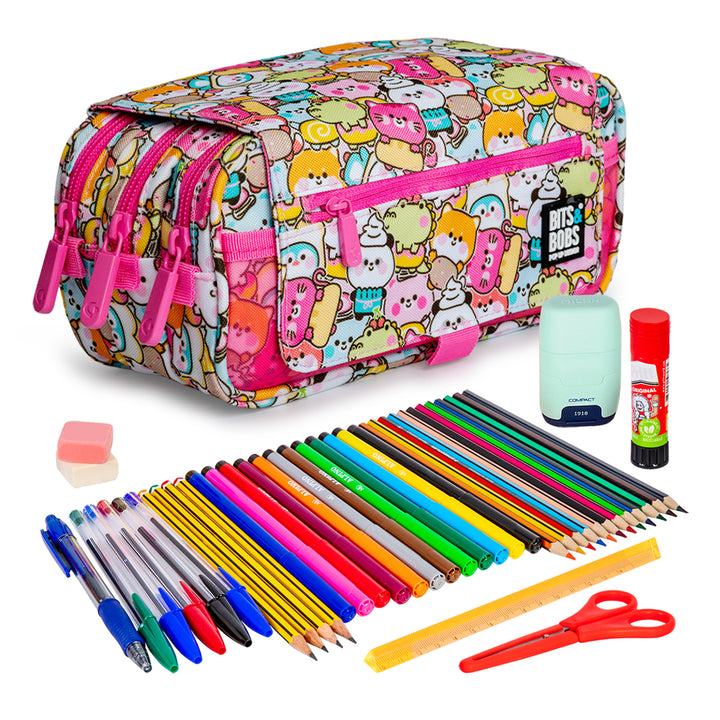 ColePack Design - Estuche Triple de 3 Cremalleras con Material Escolar Incluido. Kawaii
