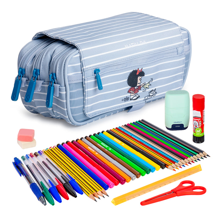 ColePack Design - Estuche Triple de 3 Cremalleras con Material Escolar Incluido. Mafalda Boat