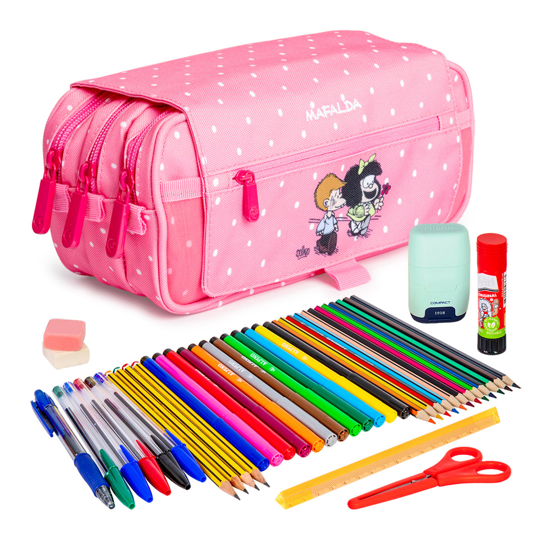 ColePack Design - Estuche Triple de 3 Cremalleras con Material Escolar Incluido. Mafalda Friends