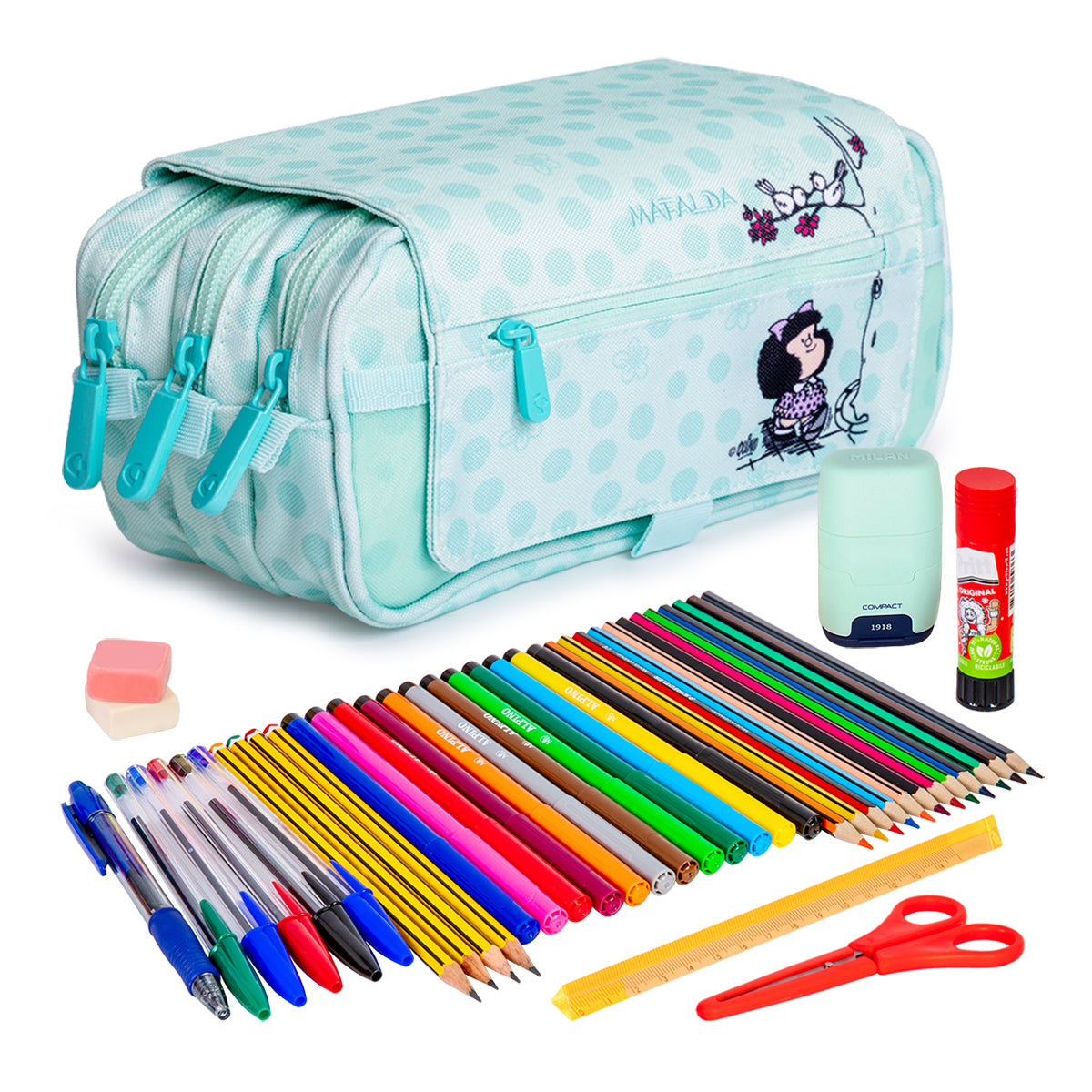 ColePack Design - Estuche Triple de 3 Cremalleras con Material Escolar Incluido. Mafalda Kiss