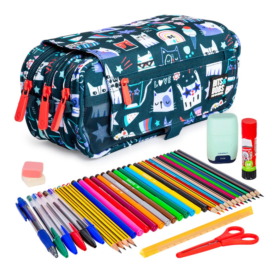 ColePack Design - Estuche Triple de 3 Cremalleras con Material Escolar Incluido. Miau