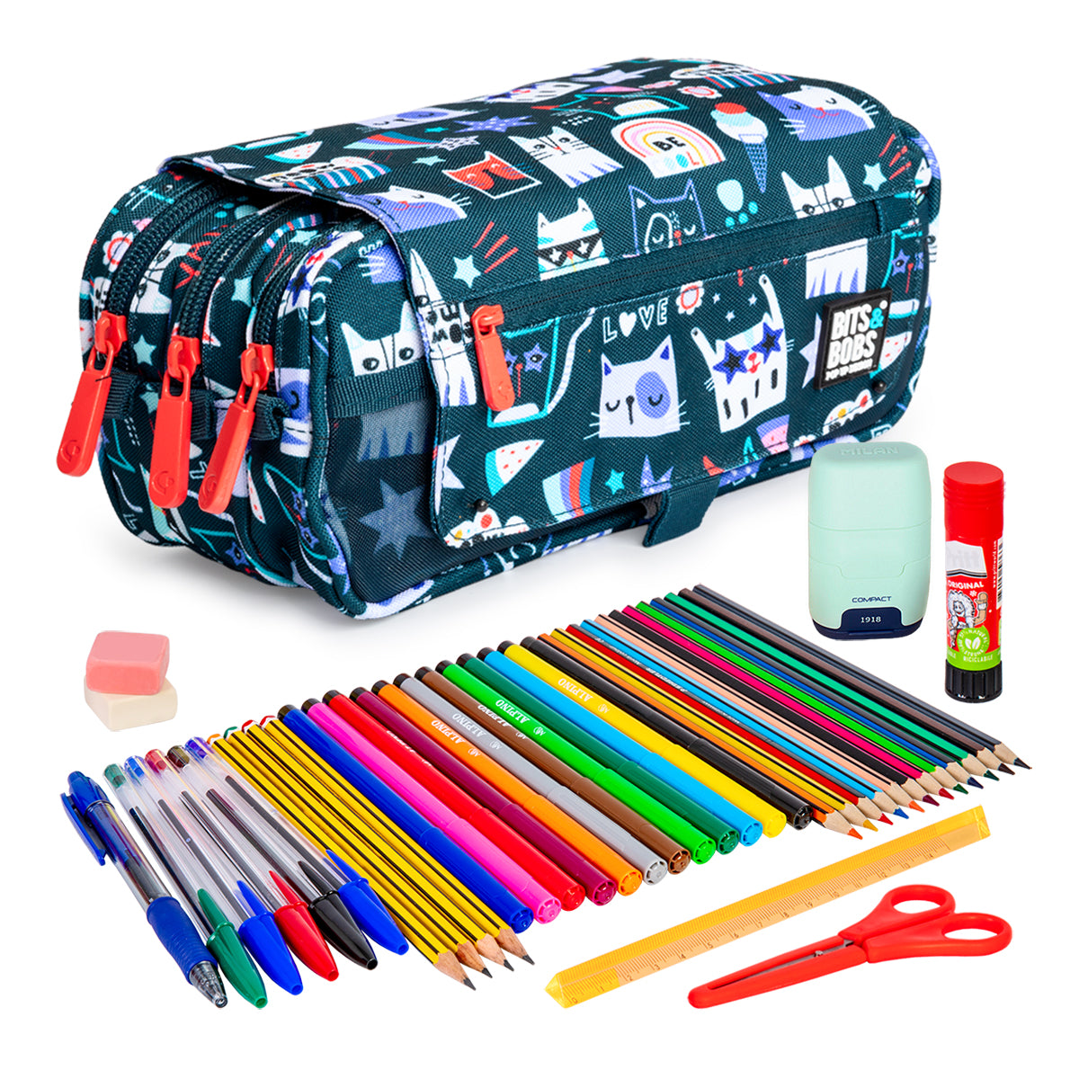 ColePack Design - Estuche Triple de 3 Cremalleras con Material Escolar Incluido. Miau