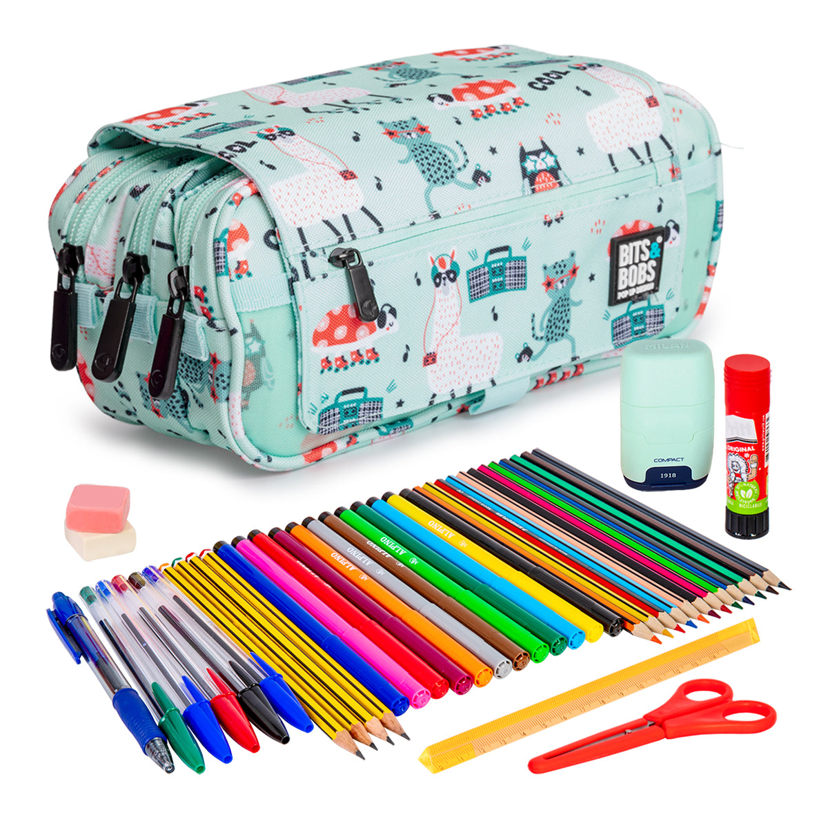 ColePack Design - Estuche Triple de 3 Cremalleras con Material Escolar Incluido. Party