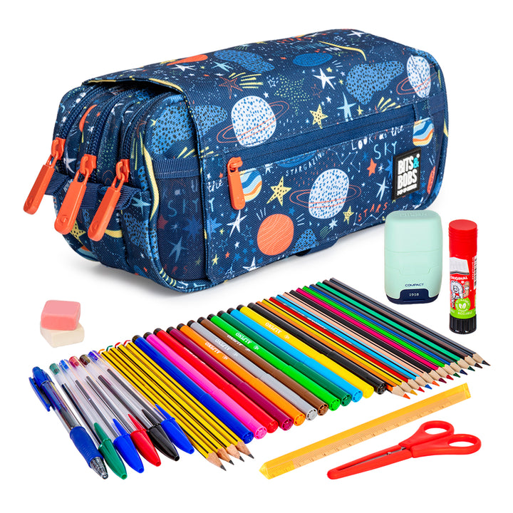 ColePack Design - Estuche Triple de 3 Cremalleras con Material Escolar Incluido. Planets