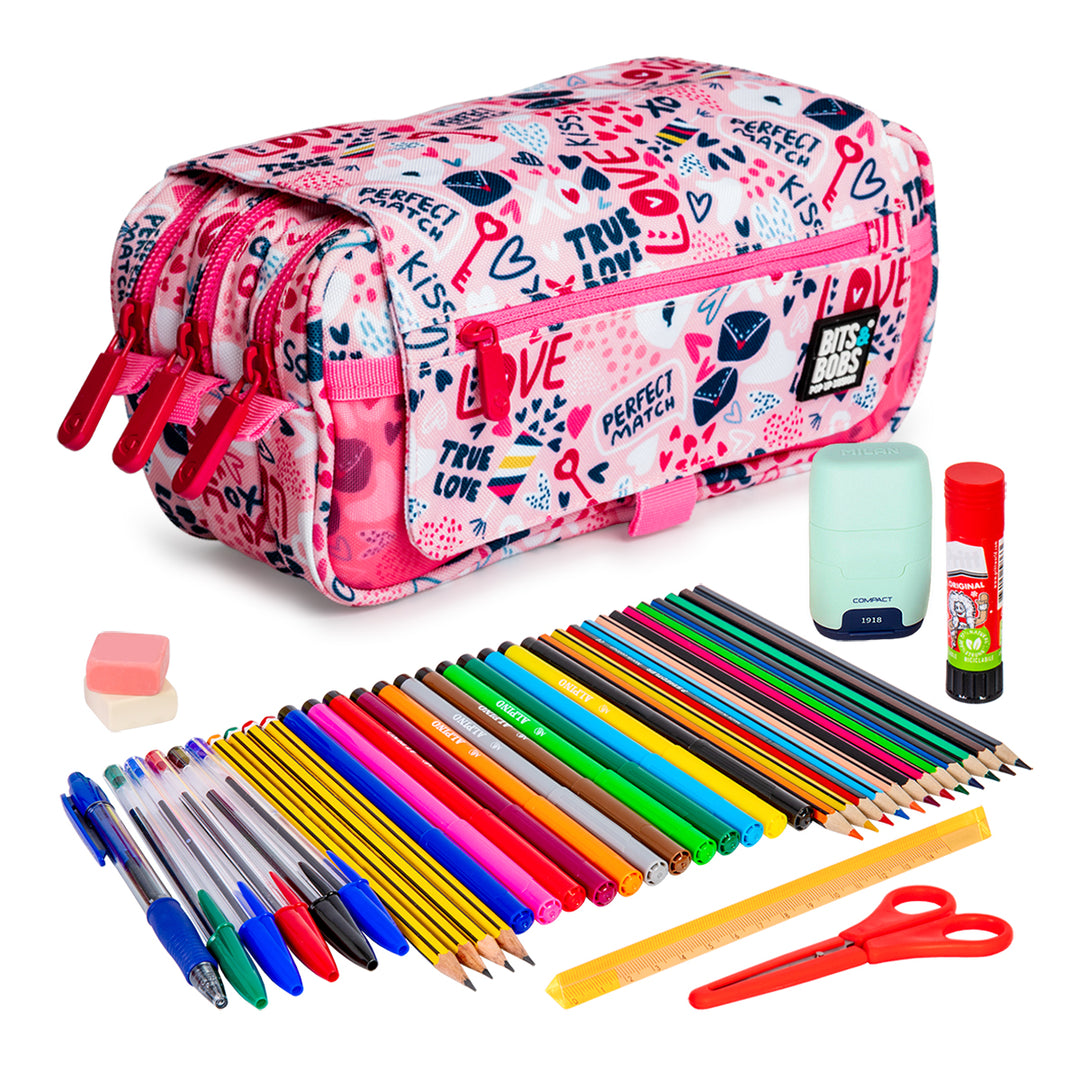 ColePack Design - Estuche Triple de 3 Cremalleras con Material Escolar Incluido. True Love