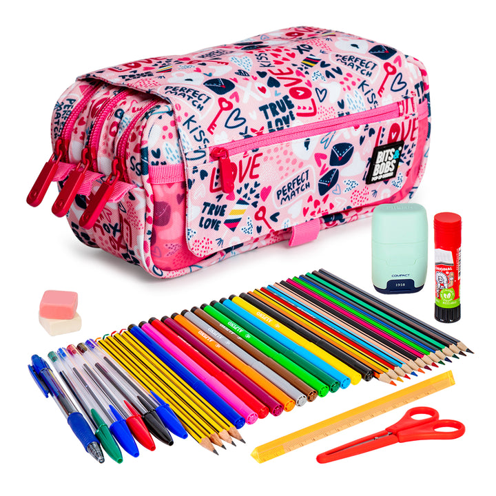 ColePack Design - Estuche Triple de 3 Cremalleras con Material Escolar Incluido. True Love