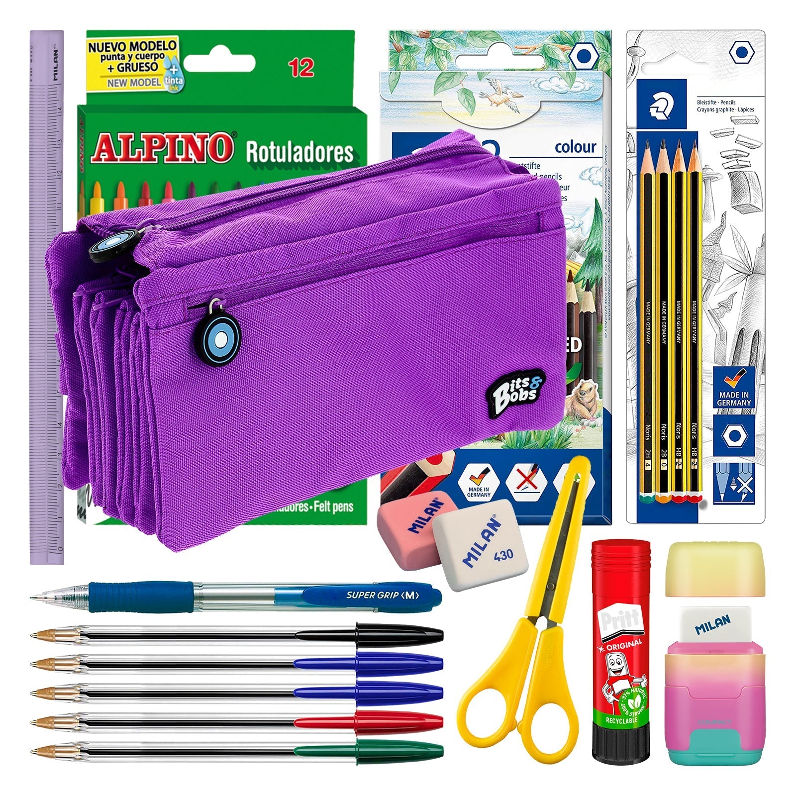 ColePack 2022 - Estuche Escolar Cuádruple de 4 Cremalleras y Material Incluido. Morado