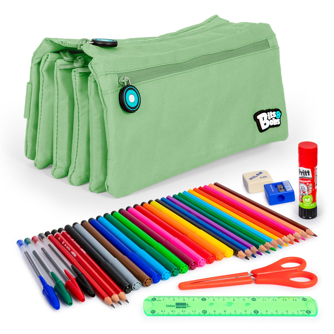 ColePack Eco36 - Estuche Cuadruple de 4 Cremalleras con Material Escolar Incluido. Menta