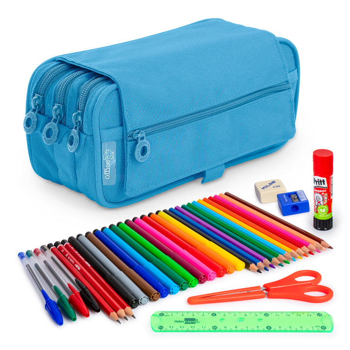 ColePack Eco - Estuche Triple de 3 Cremalleras con Material Escolar Incluido. Azul Claro