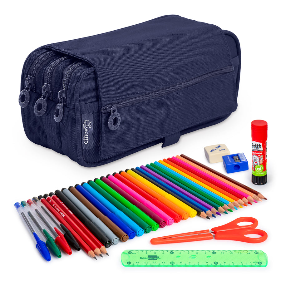 ColePack Eco - Estuche Triple de 3 Cremalleras con Material Escolar Incluido. Azul Marino