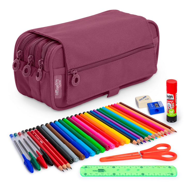 ColePack Eco - Estuche Triple de 3 Cremalleras con Material Escolar Incluido. Morado