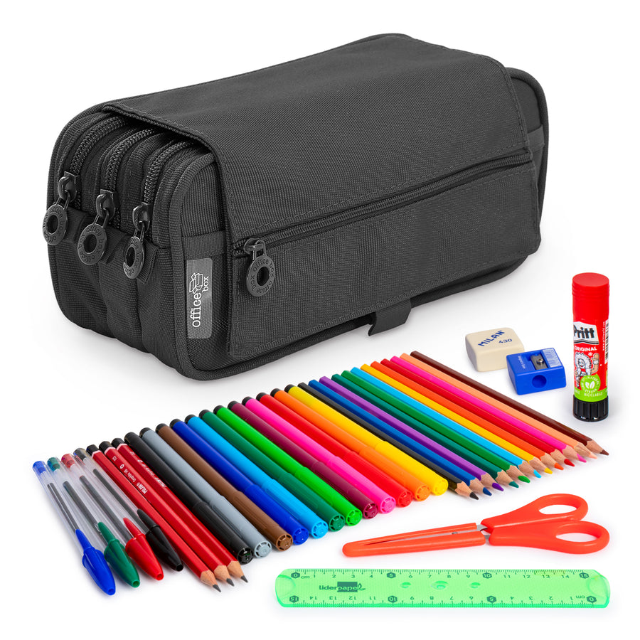 ColePack Eco - Estuche Triple de 3 Cremalleras con Material Escolar Incluido. Negro